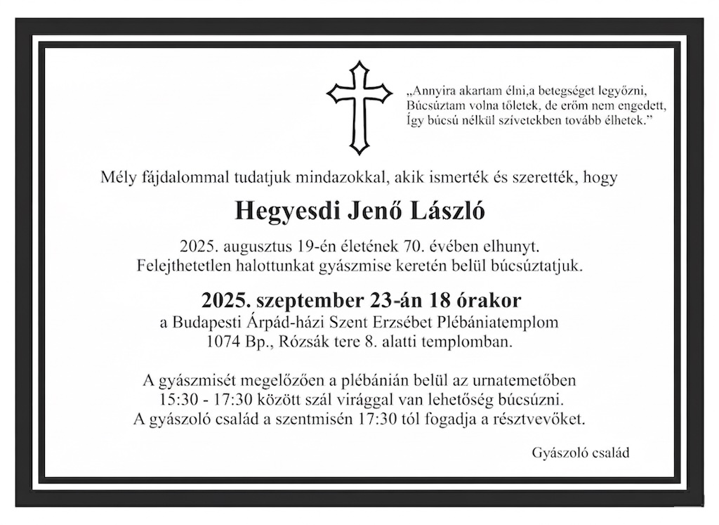 Hegyesdi Jenő gyászjelentés